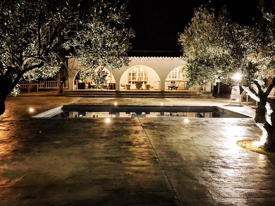 Terrace and pool by night