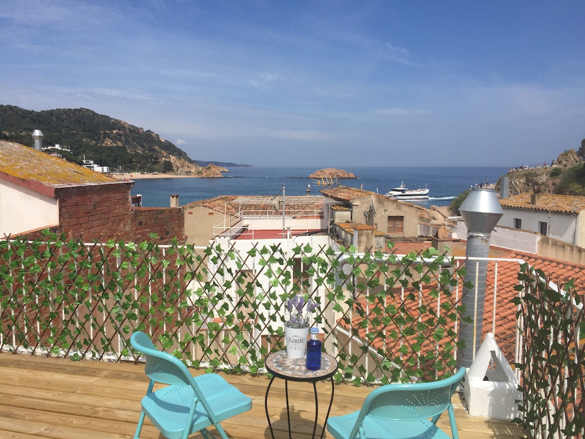 A spacious shared terrace is shown, featuring two light blue chairs paired with a small table. The view overlooks the sea, capturing both the tranquil water and distant land formations under a clear blue sky, surrounded by a decorative green trellis.