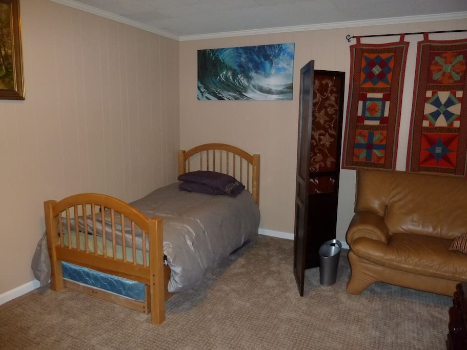 Bed and leather sofa