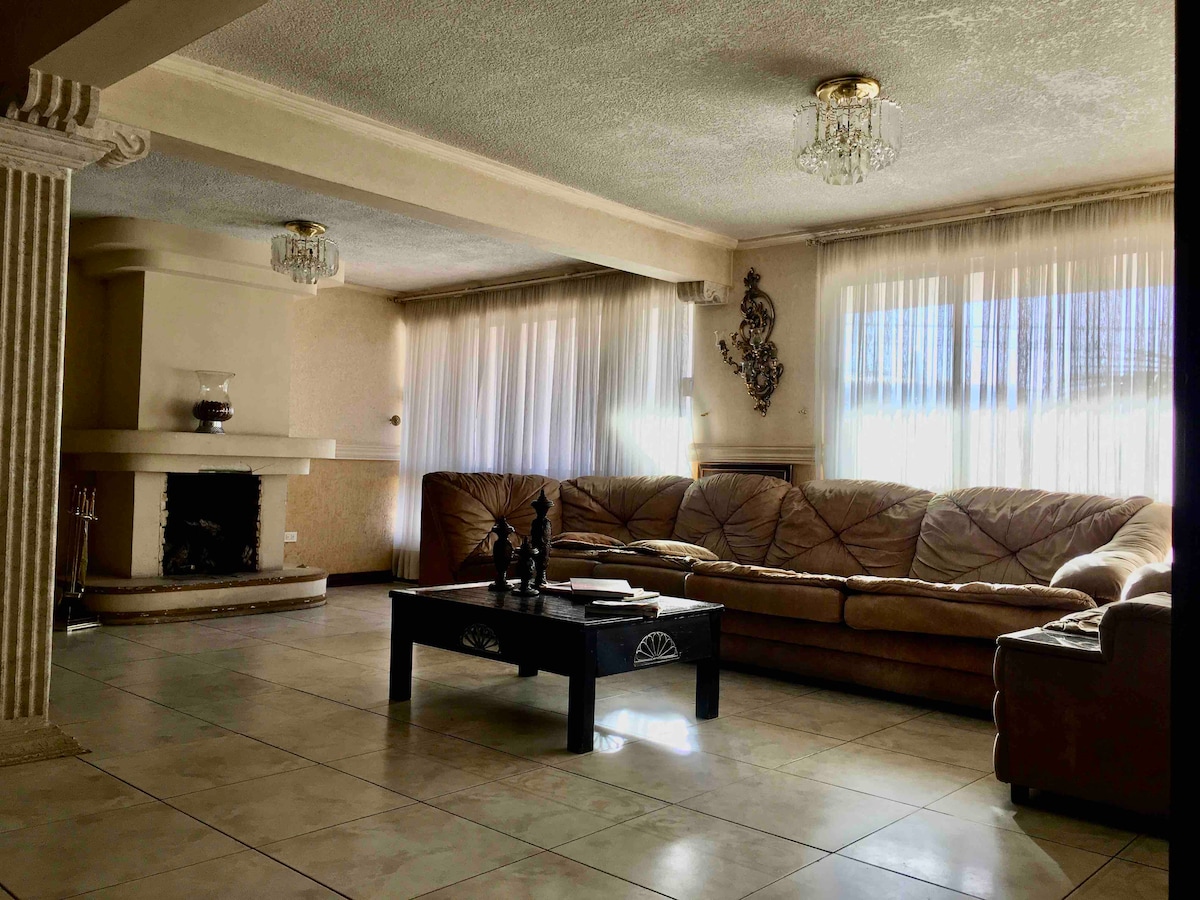 A spacious living area features a large, upholstered sofa arranged around a low coffee table. Natural light streams through sheer curtains, illuminating the room. A contemporary fireplace is positioned against one wall, adding a touch of elegance to the setting.