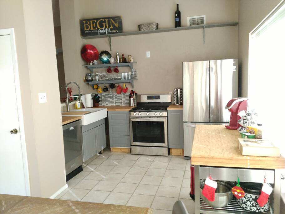 The kitchen is being remodeled so it lacks the finishing touches, but everything works!