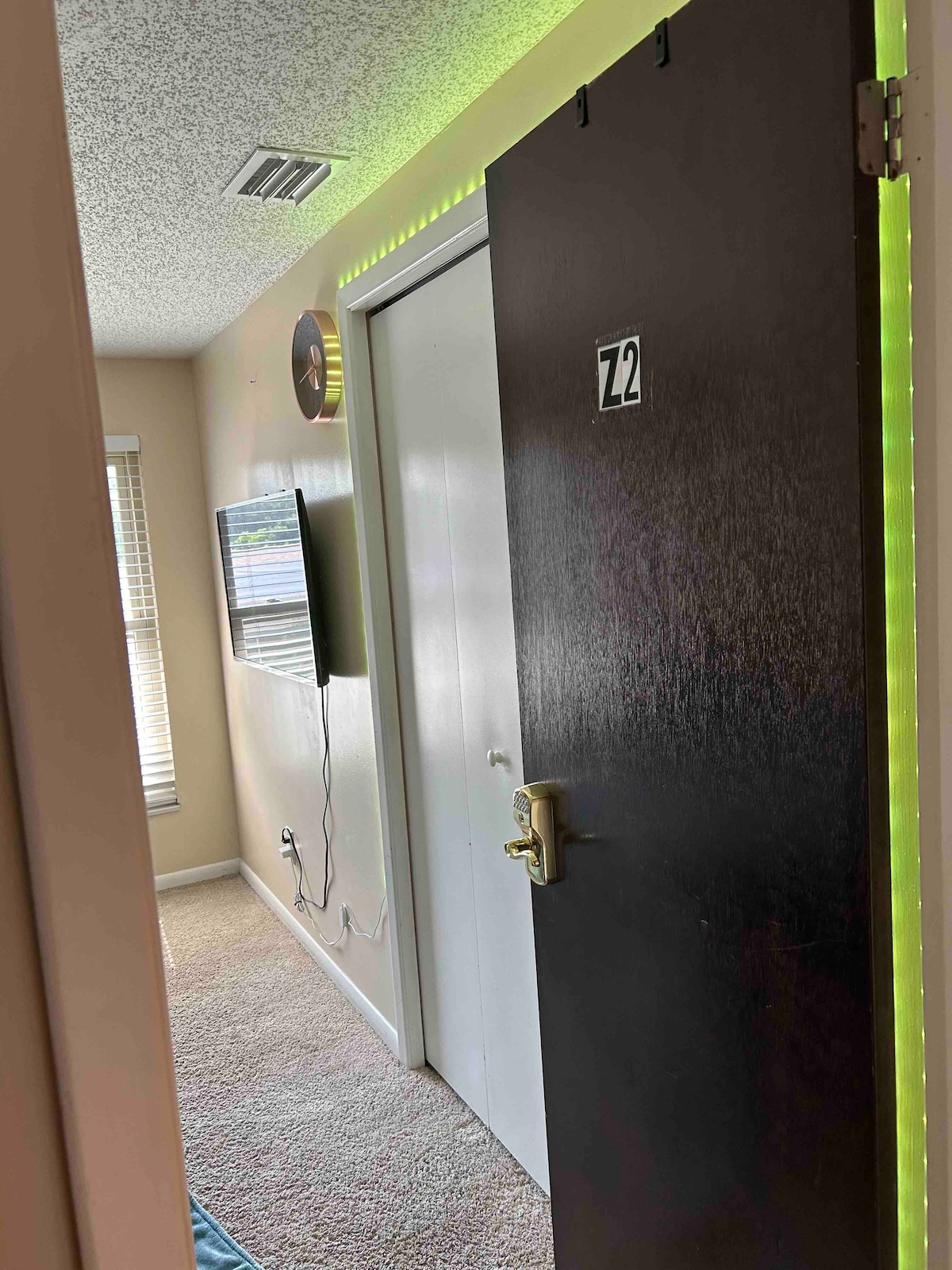 A dark wooden door labeled 'Z2' is positioned at the entrance of a room. A wall-mounted television is visible opposite the door. Natural light enters through a nearby window, illuminating light-colored walls. The carpeted floor contributes to a comfortable ambiance.