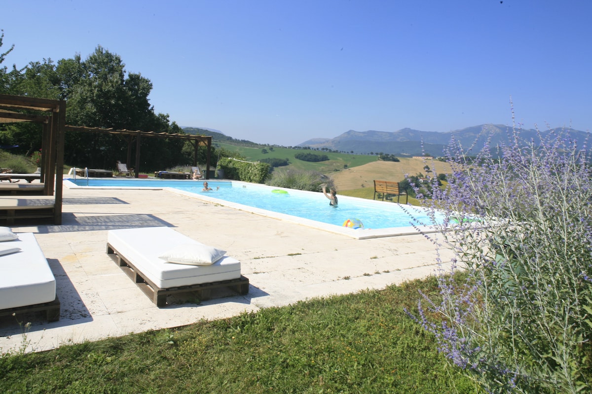 An outdoor pool area is surrounded by sun loungers positioned on a stone deck. Lush green hills are visible in the background under a clear blue sky. Nearby, a cluster of purple flowers adds a touch of color to the tranquil setting.