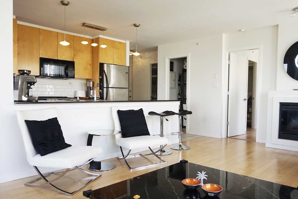 The living room and kitchen