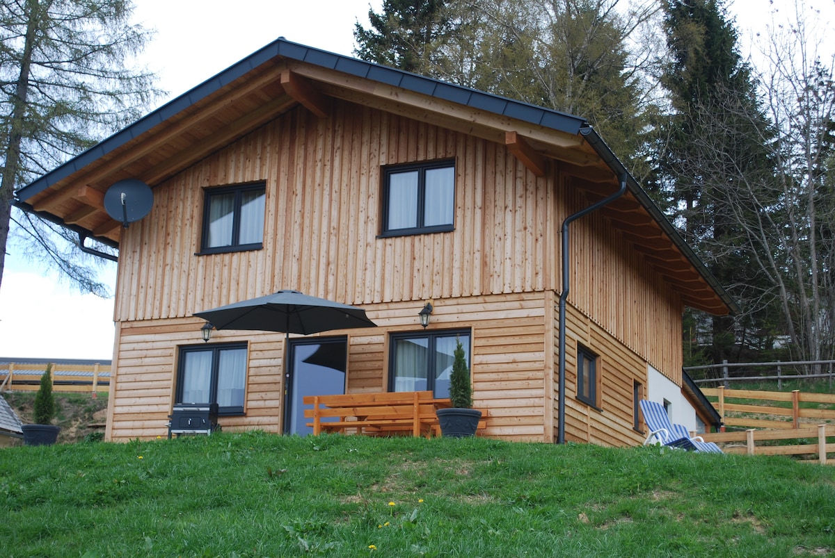A wooden chalet displays a rustic exterior with large windows, offering natural light. A patio area includes a dining set under an umbrella and lounge chairs. The surrounding grassy area enhances the serene setting, while trees in the background provide a sense of privacy.