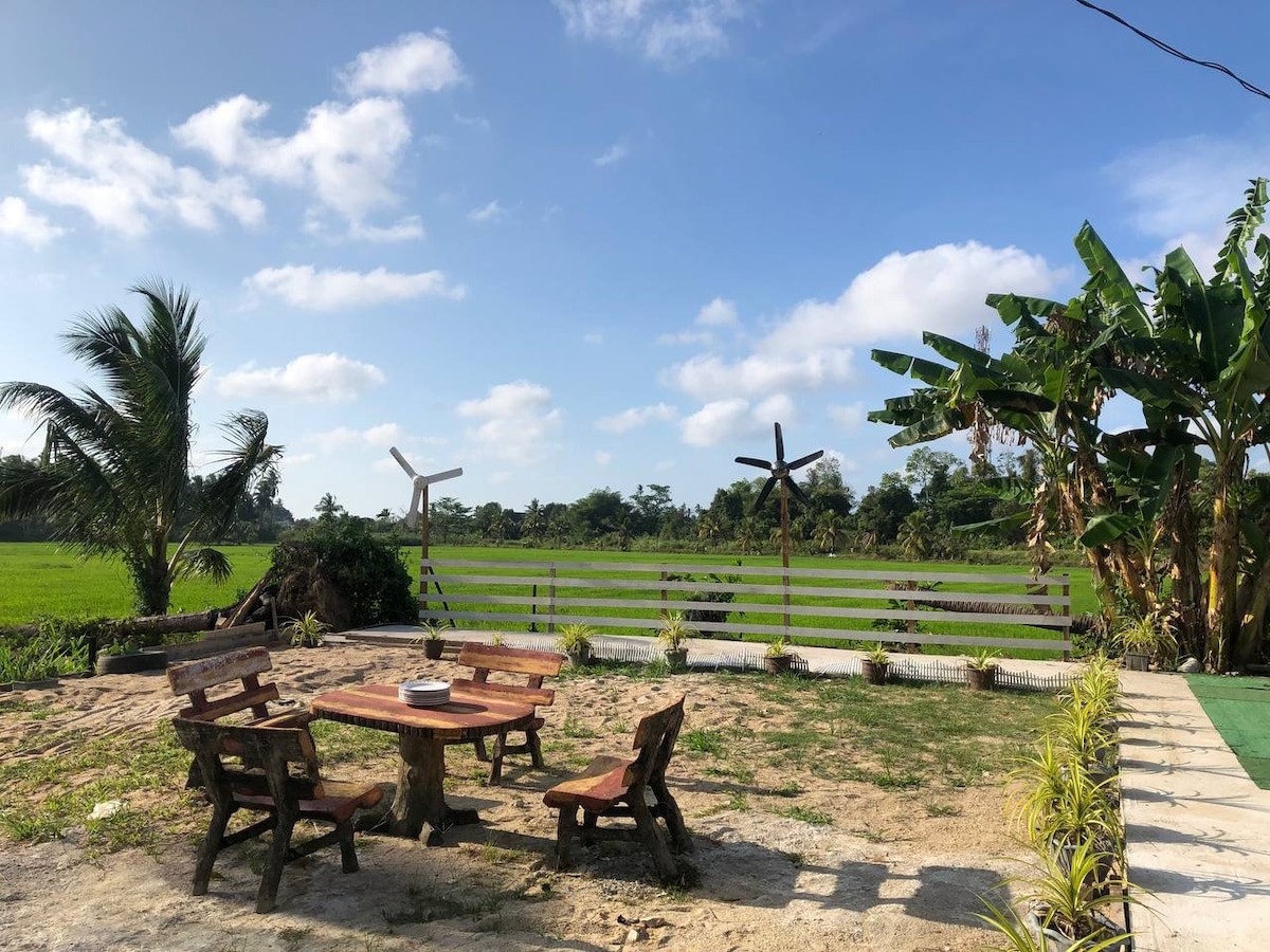 An outdoor seating area features a round wooden table surrounded by several wooden chairs. Tall banana plants and palm trees are visible in the background, along with a panoramic view of peaceful rice fields under a clear blue sky.