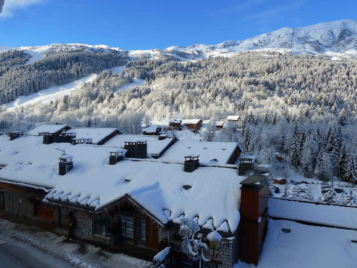 A snow-covered landscape displays the rooftops of nearby buildings, framed by a backdrop of white-clad mountains and dense evergreen trees. The clear blue sky complements the winter scenery, suggesting a serene and quiet atmosphere in the heart of the alpine environment.