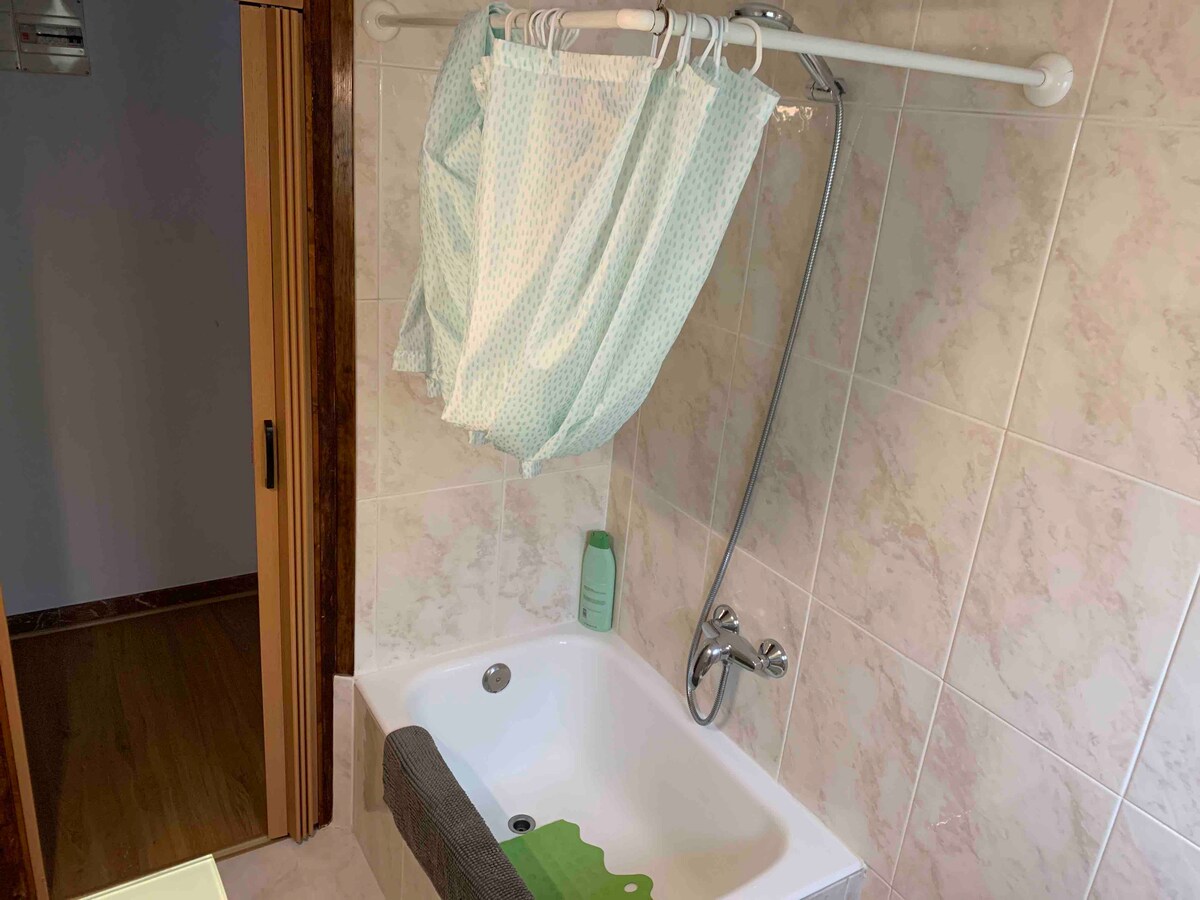 A clean bathroom is presented, featuring a bathtub with a showerhead above. A green bath mat rests on the edge of the tub. Light green shower curtains are hung on a rod, and a bottle of wash is visible nearby. Neutral tiles cover the walls.