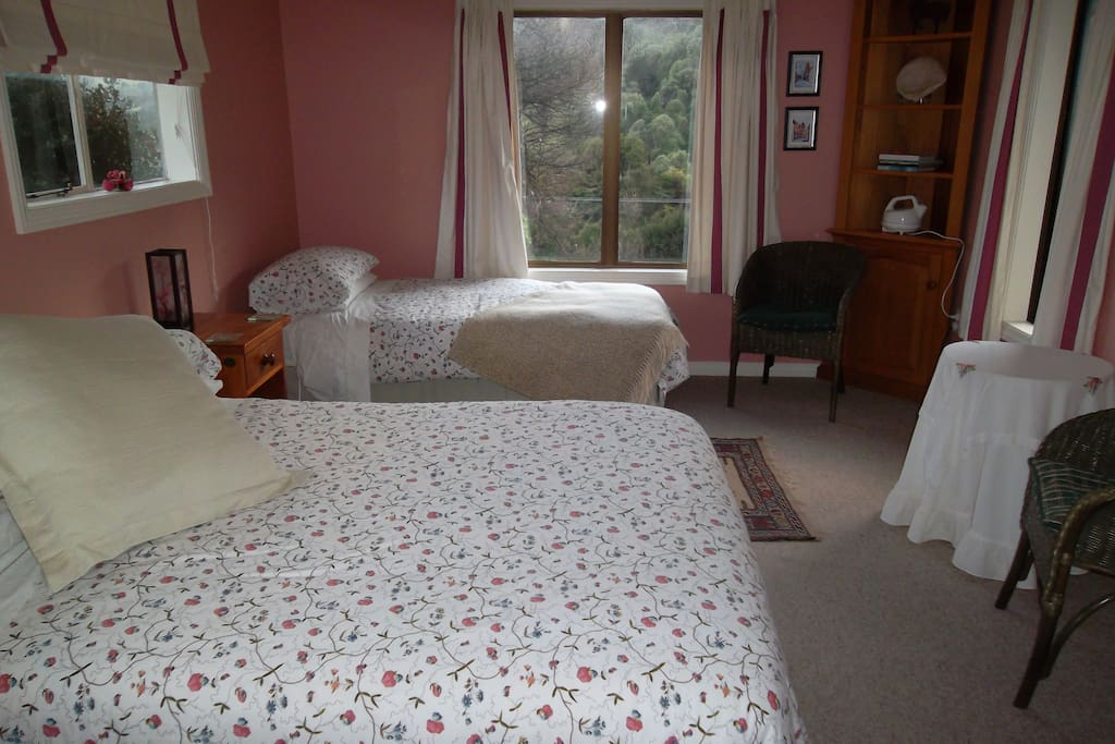 The Pink Room. One double and one single bed, private bathroom, coffee and tea making facilities and private entrance.