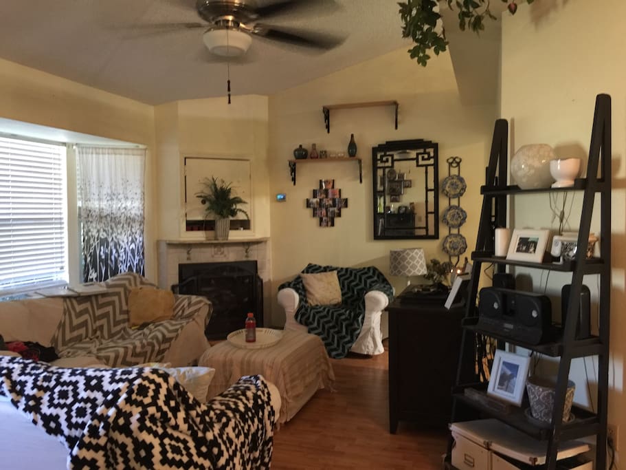 Living room with sleep-able couch, common area.