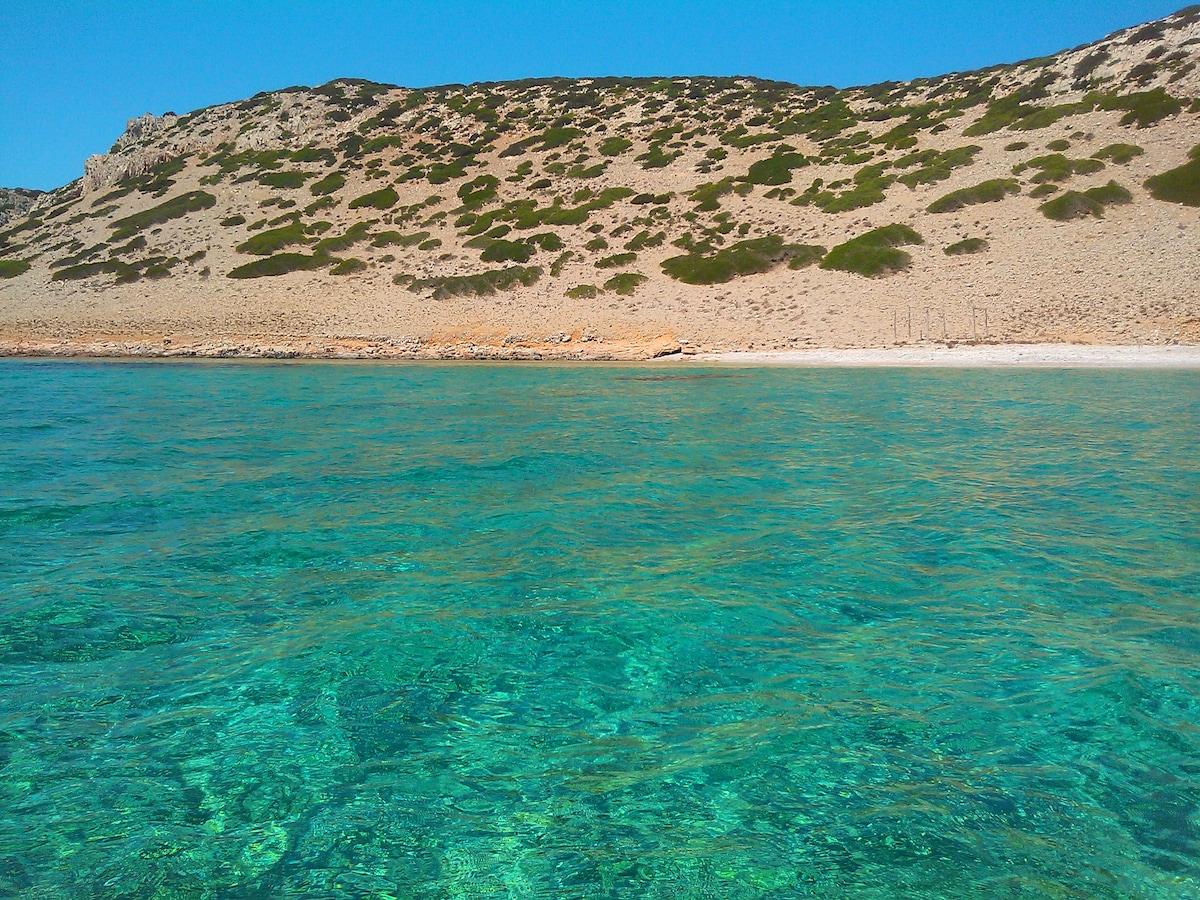 The image captures a tranquil sea in varying shades of turquoise and deep blue, gently lapping at a sandy shore. A rugged coastline with greenery is visible in the background, creating a natural contrast against the bright clear sky.