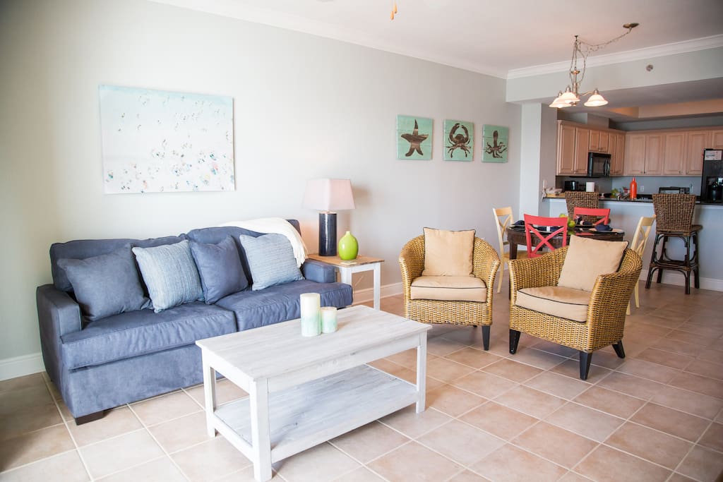 View of sleeper sofa in the living room. Just purchased!