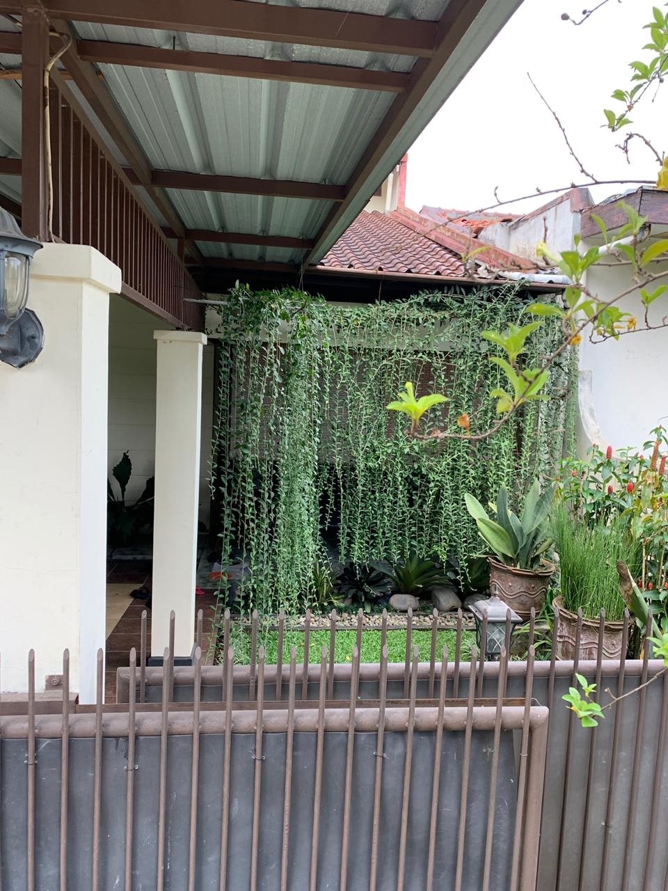 A charming outdoor area is featured, highlighted by cascading greenery from the overhead trellis. Potted plants are arranged thoughtfully, creating a pleasant space for relaxation. The surrounding fence adds privacy while the natural elements enhance the tranquil environment.