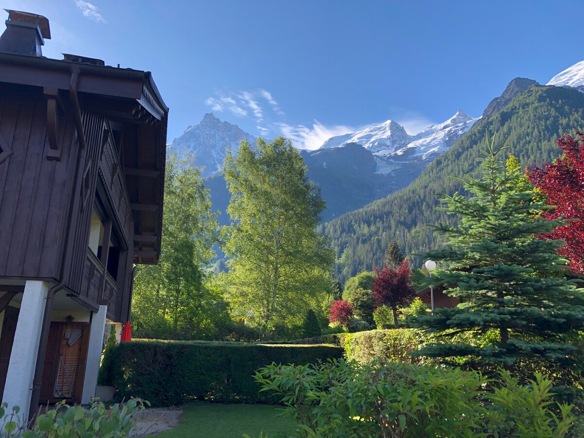 The exterior showcases a mountain view featuring a range of peaks, partially covered in snow. Lush greenery surrounds the residence, with trees and shrubs adding to the serene landscape. The building's architecture reflects a traditional style, harmonizing with the natural surroundings.