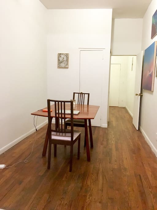 The dining room is simple (only 2 chairs at the moment) but good for getting work done as well