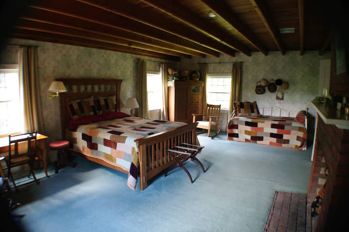 The Queen Suite contains a queen bed, single bed and a trundle bed under the single bed.  Room sleeps 4. 