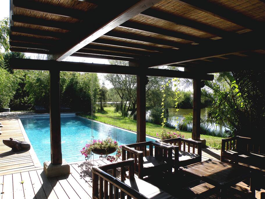 piscine à débordement sur les étangs , pool house Thaïlandais