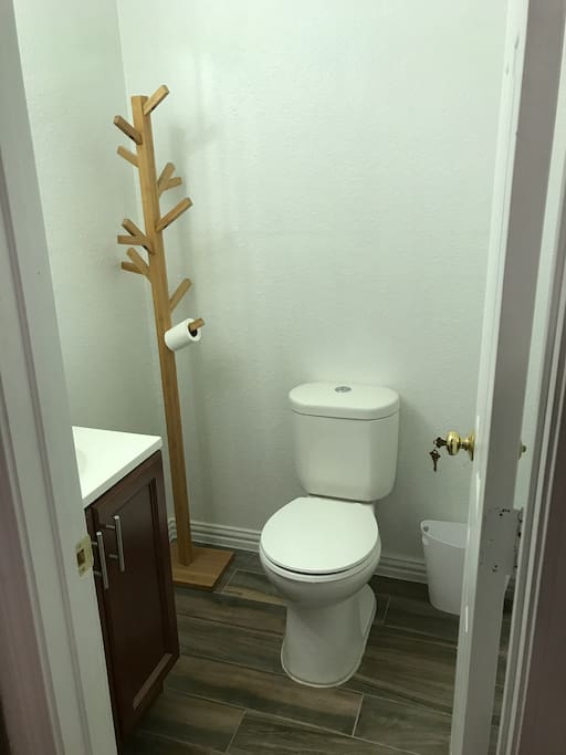 Private bathroom - no shower. Showers are taken in main house. We can plan when you would like access to shower. Easy to do.