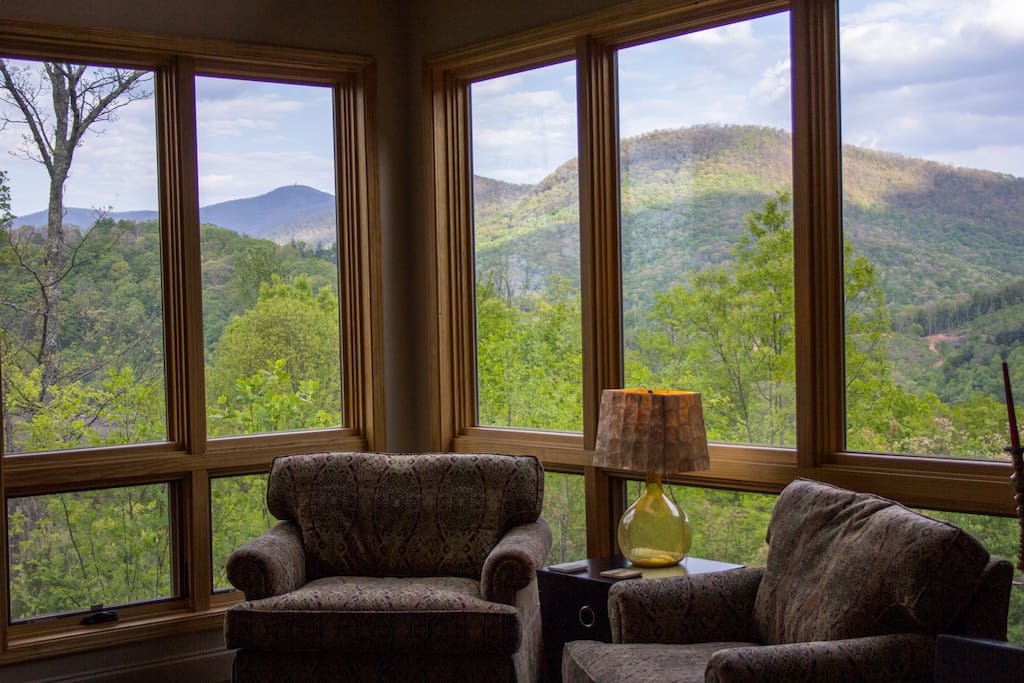 Spring view of Chattahoochee National Forest and Brasstown Bald Tower from the Living Room