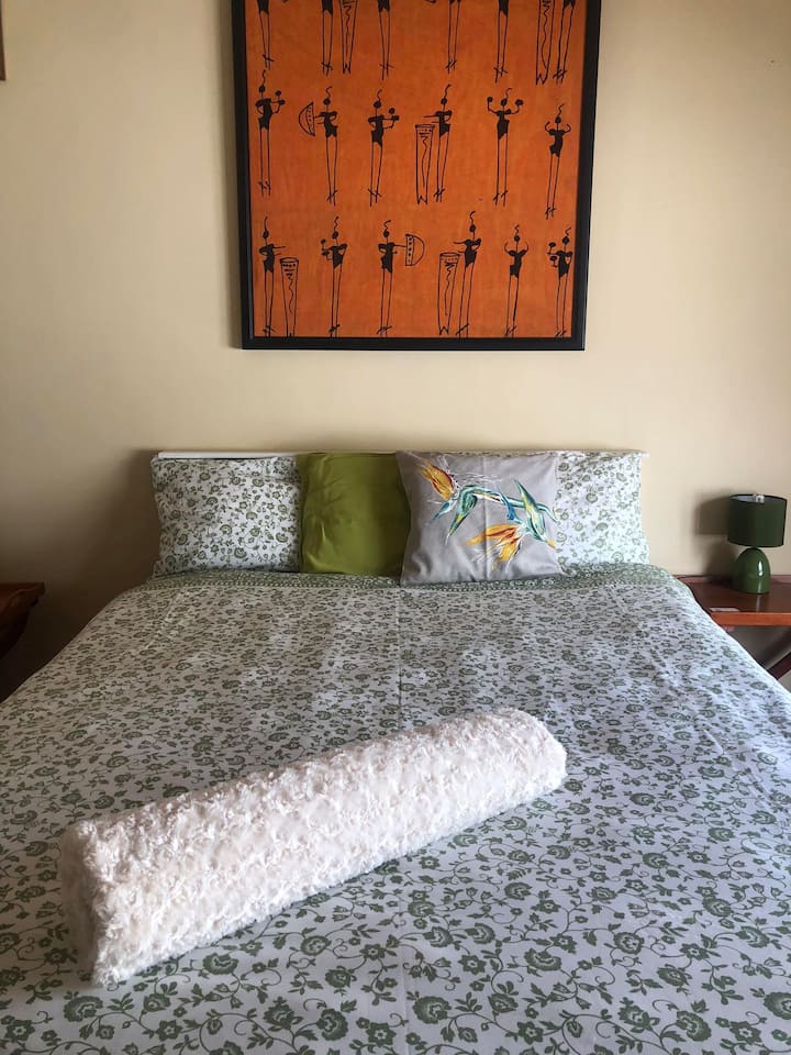 Sun filled Cape  Double Room . Close to the Kitchen amenities and Family Room. Has an LED TV with Chromecast. Bring you own phone APPS.