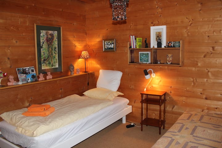 Dormitorio en planta baja con baño pequeño privado
Dormitorio en la planta baja con baño pequeño.