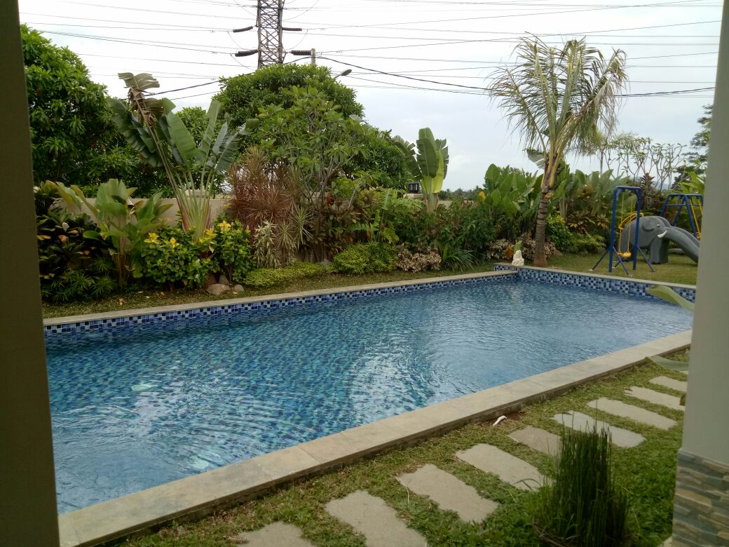A tranquil swimming pool is surrounded by lush greenery, featuring various tropical plants and a small play area with a slide. The blue water appears inviting, contrasting with the natural elements that frame the space.