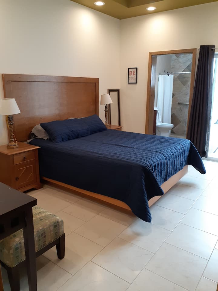 Amplia recamara con cama Queen size, espejo de cuerpo completo,  escritorio para trabajar y sillon para descansar o disfrutar de la T.V.