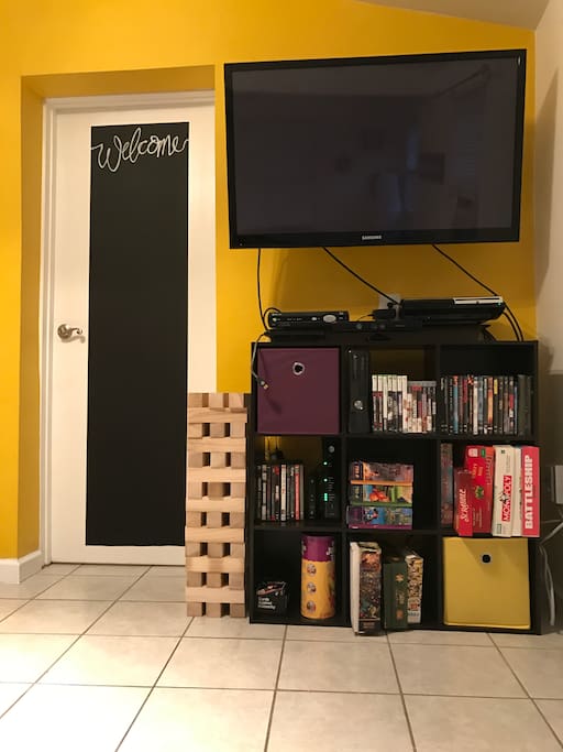 Our entertainment center includes a PS3, Xbox 360, puzzles, coloring books, board games, movies, and books! Feel free to leave us a message on the chalkboard.