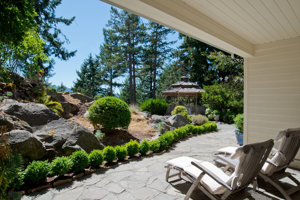 Stone patio and path leading to gazebo