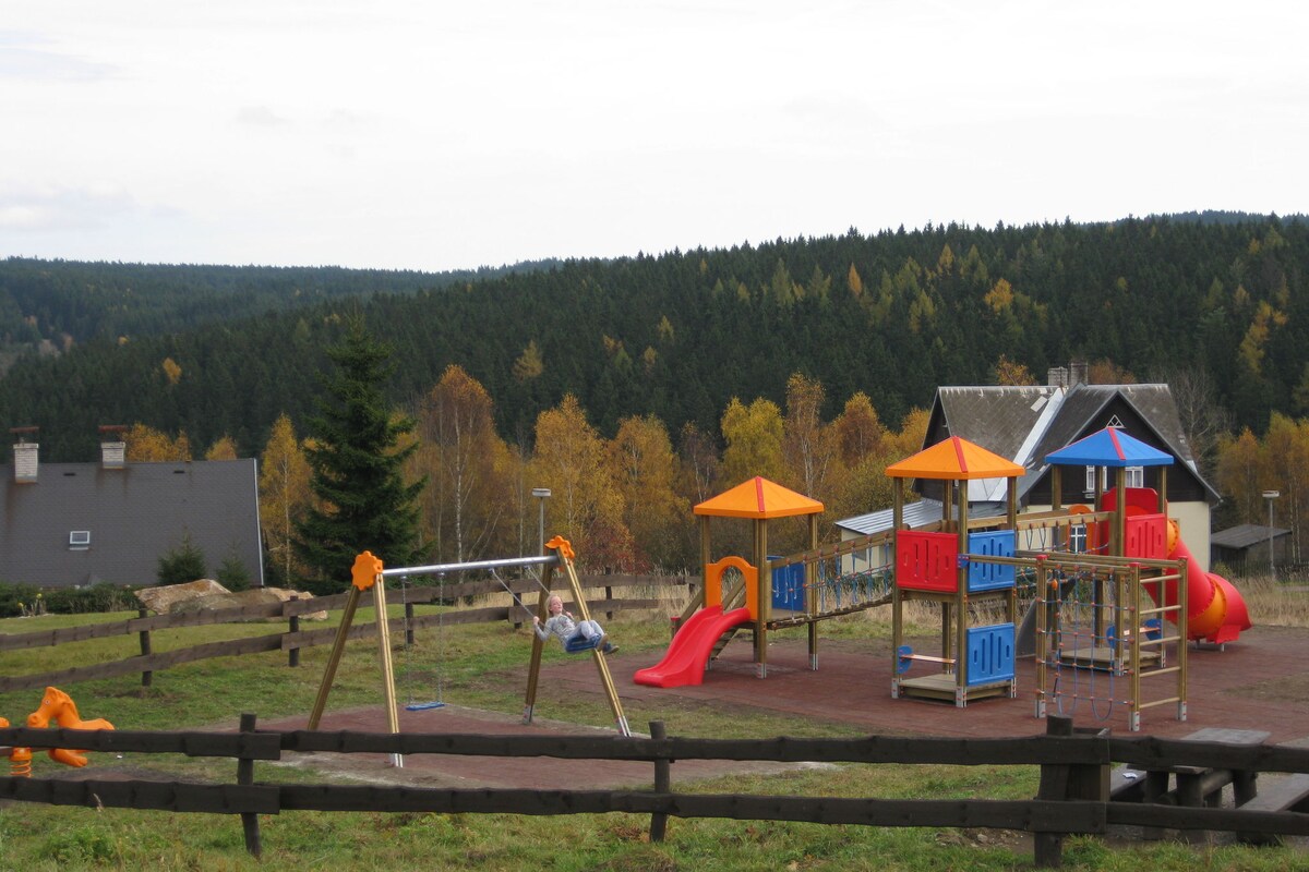A playground is situated in a grassy area, featuring swings, slides, and climbing structures with bright orange and blue colors. Surrounding trees display autumn foliage, creating a natural backdrop. A building is visible in the background, adding to the tranquil setting.