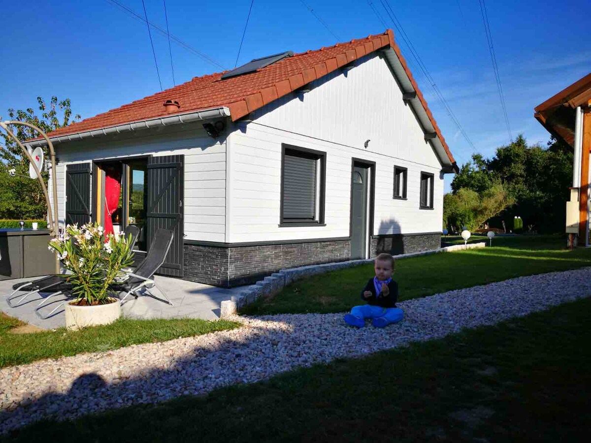 The exterior of the chalet is presented, featuring a gray and white facade with a red-tiled roof. A pathway of gravel leads to the entrance, bordered by a small garden with green grass and flowering plants. Lounge chairs are placed on the patio, creating a welcoming outdoor space.