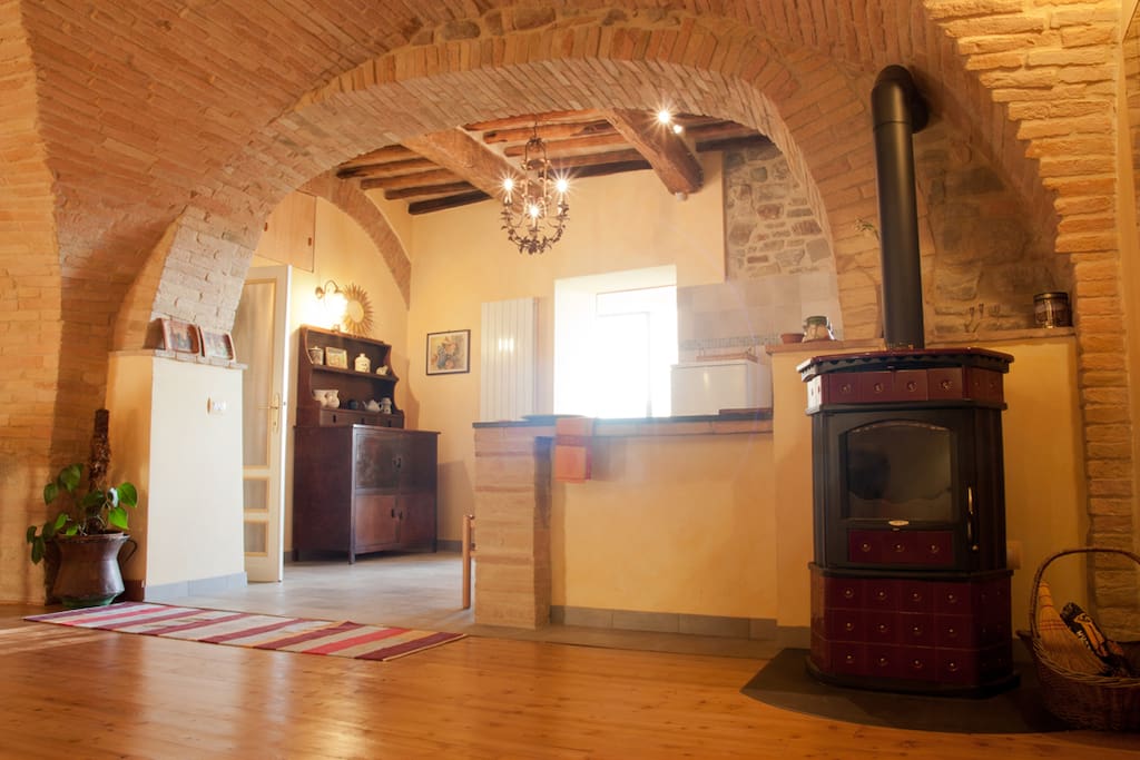 A stove for the (few) cold evenings, and a view of the wooden beam ceiling