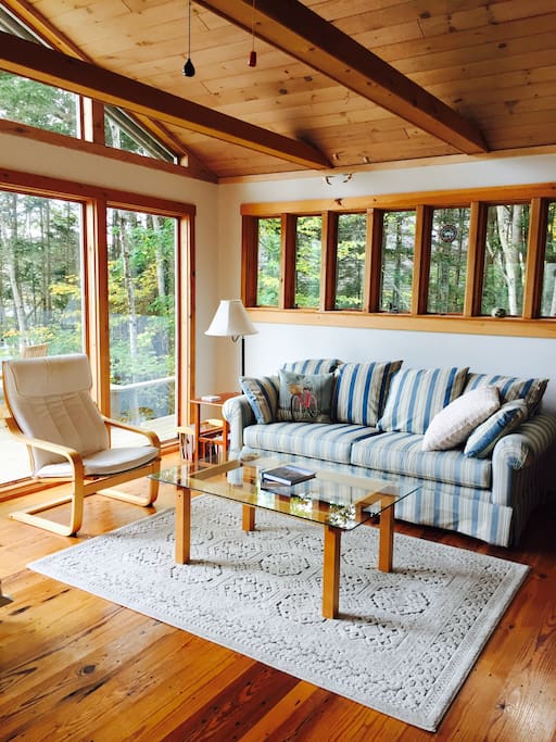 Exposed beams and abundant natural light.