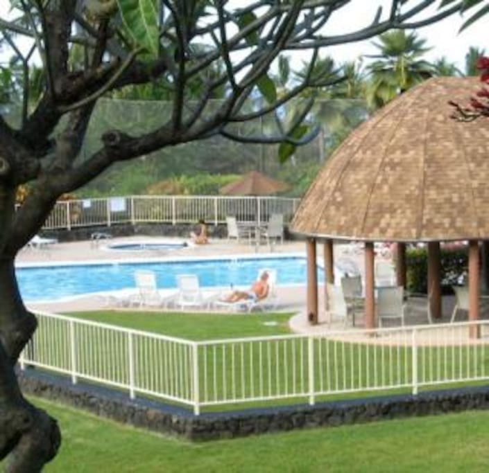 At the center of the complex a well maintained gated Pool & Hot Tub (a short stroll away, not visible from our condo)
