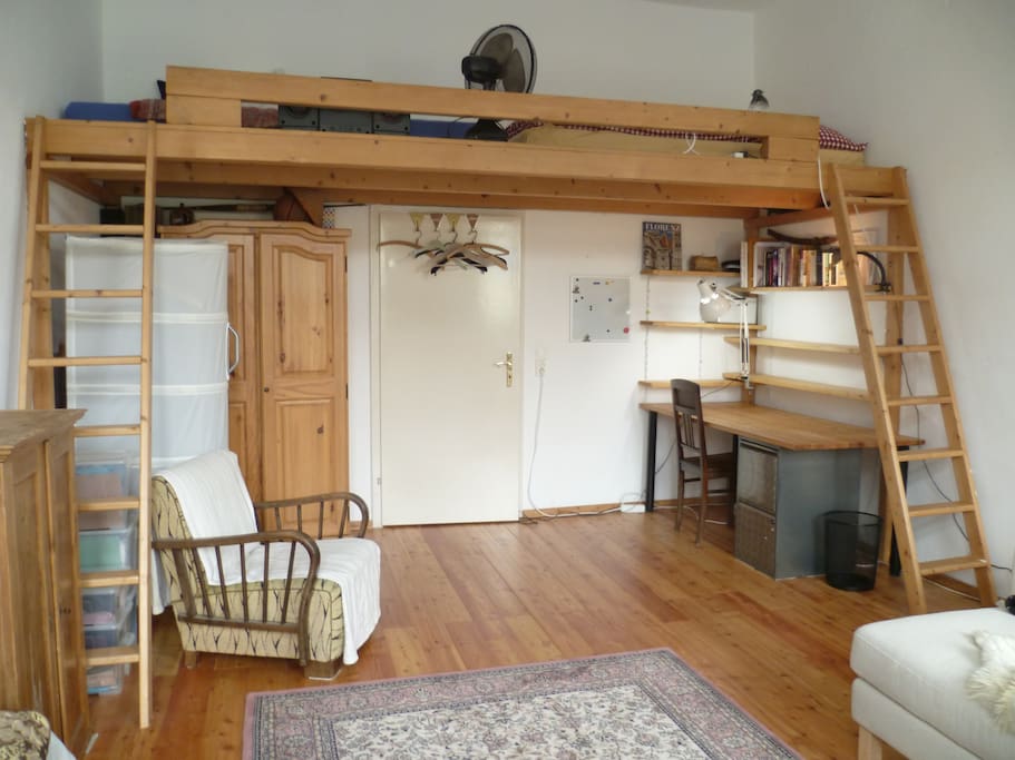 The mezzanine / high sleeper bed, two people can sleep there.