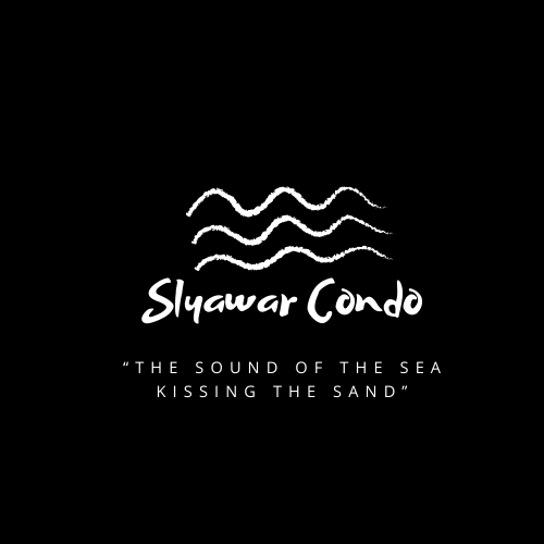 The logo of Slyawar Condo features stylized waves above the name, conveying a connection to the ocean. The tagline, 'The sound of the sea kissing the sand,' enhances the coastal theme while creating a sense of tranquility connected to the beach.