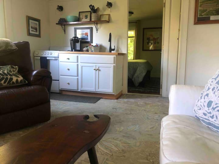 L'angolo cottura a pianta aperta include tutto ciò di cui hai bisogno per cucinare pasti di base e di medio livello....include un frigorifero 10.1 cf, una stufa con forno, un forno a microonde, un lavandino da cucina e molto altro ancora. La camera da letto si trova direttamente fuori dalla zona giorno con angolo cottura.