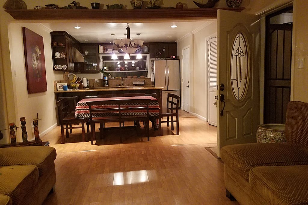 Open concept kitchen, dining and living space..
