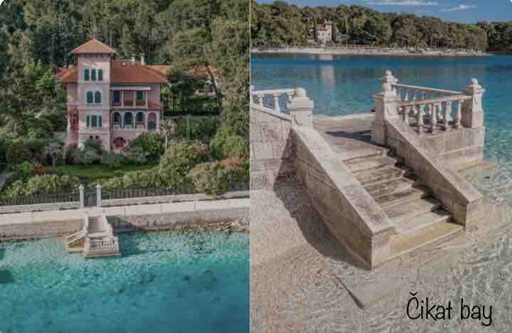 A charming seaside villa is surrounded by lush greenery and overlooks the tranquil waters of Čikat bay. A set of elegant stone steps leads from the villa down to the beach, enhancing direct access to the serene shoreline.