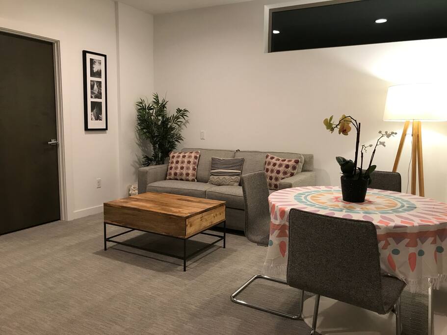 Sleeper sofa and dining table.