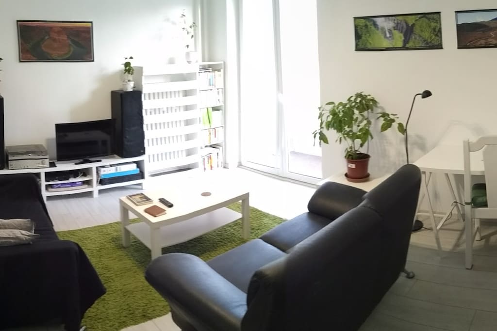 Living room with vinyl players, PS3,guitar and tv. Sofa can be used as an extra bed
