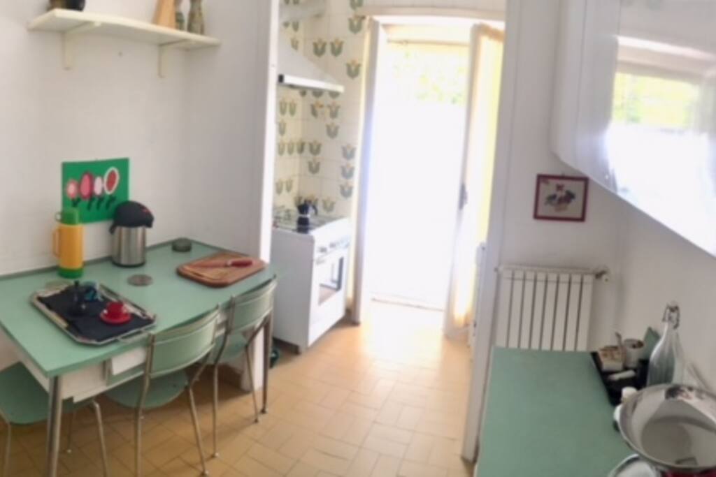 Cucina, provvista di fornelli, frigo, forno a microonde e lavastoviglie.