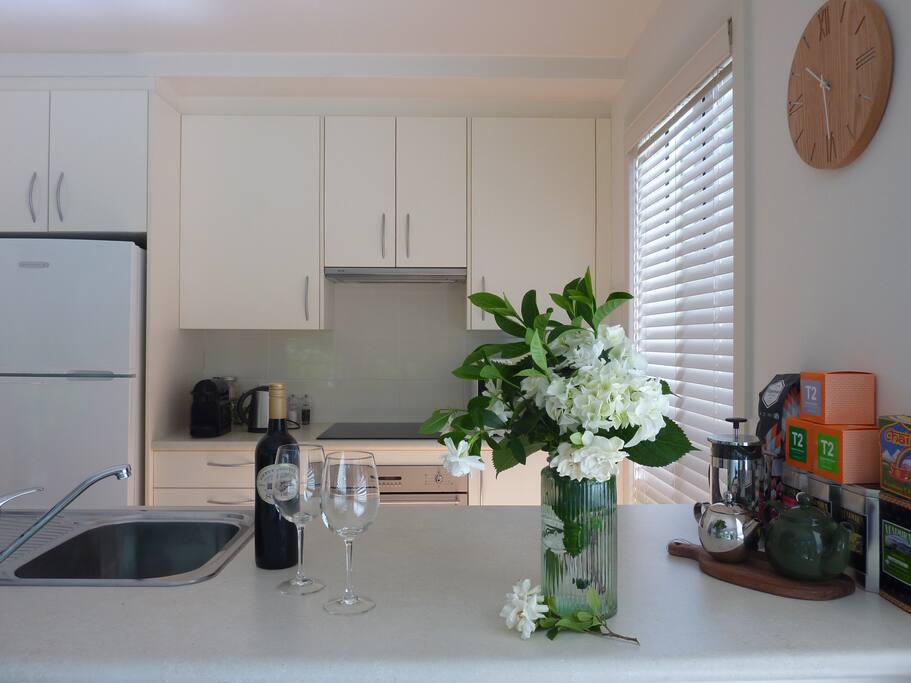 Modern light filled galley kitchen with garden view
