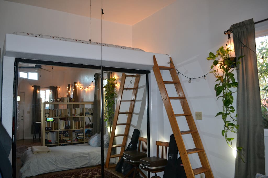 Loft bed and sliding door closet