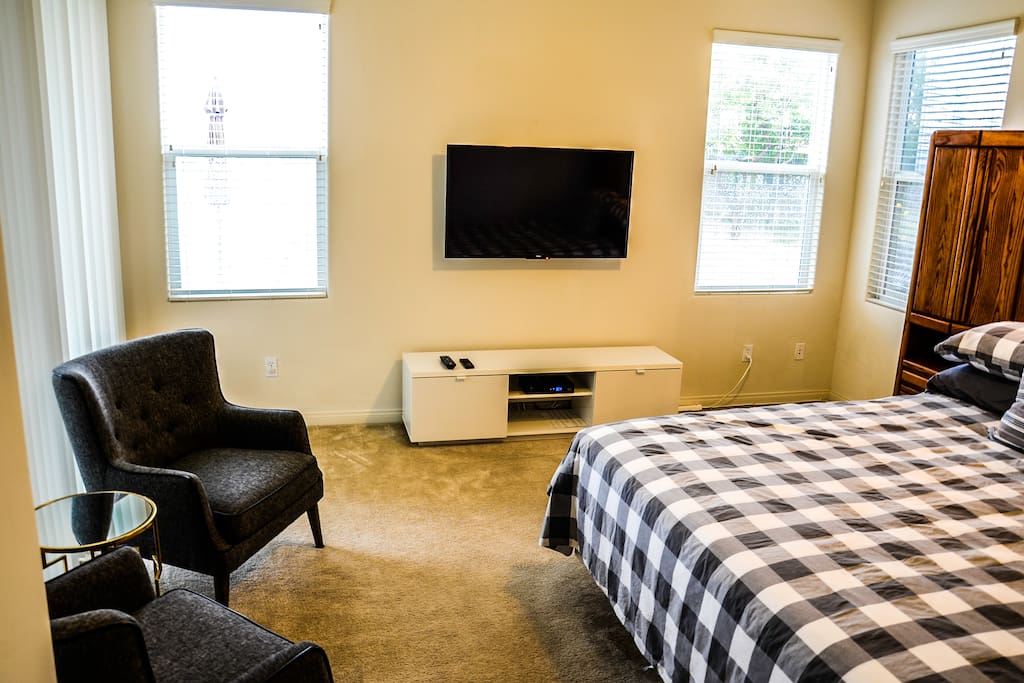 Master Bedroom. Master bedroom includes a 50 inch 4k television with spectrum cable.