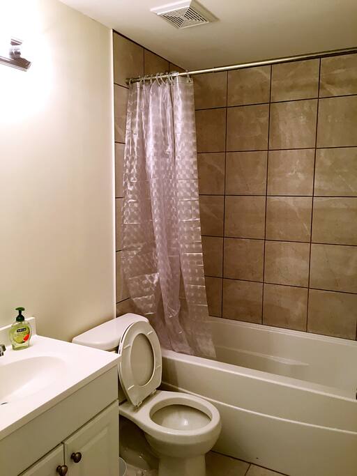 hand soap, toilet paper, shampoo and conditioner provided