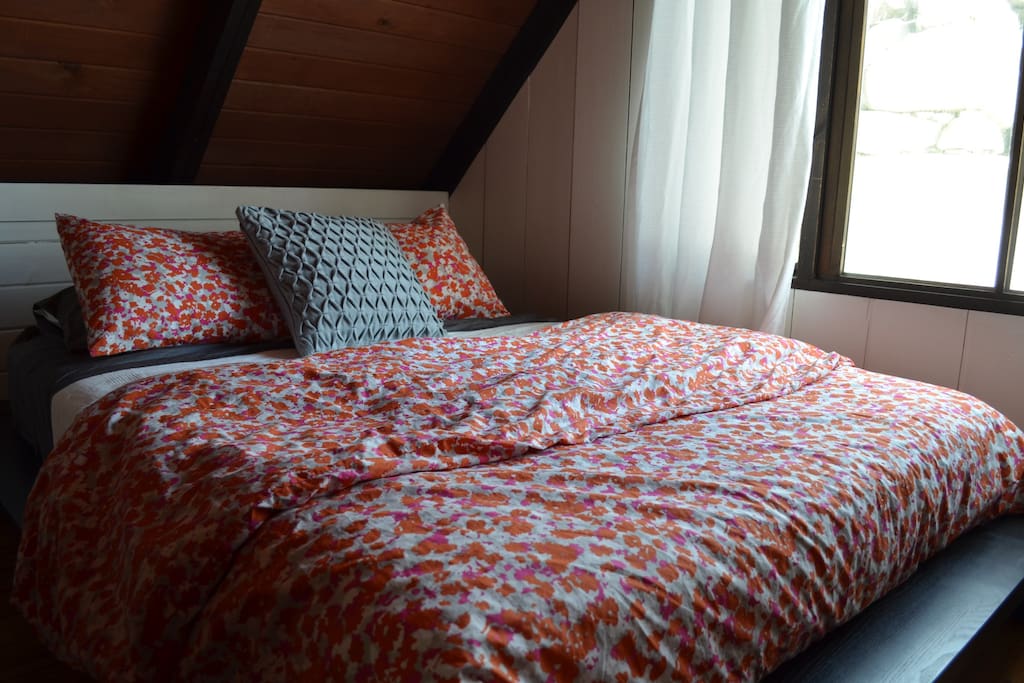 Bedroom on main level - queen bed and a view of the mill wall