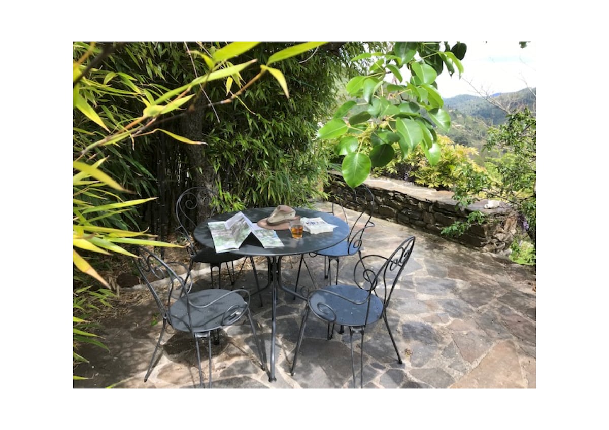 A shaded terrace is furnished with a round black table and four matching chairs, surrounded by greenery. A map and a sunhat rest on the table, hinting at leisurely outdoor moments. Natural stone flooring adds an earthy element to the setting.
