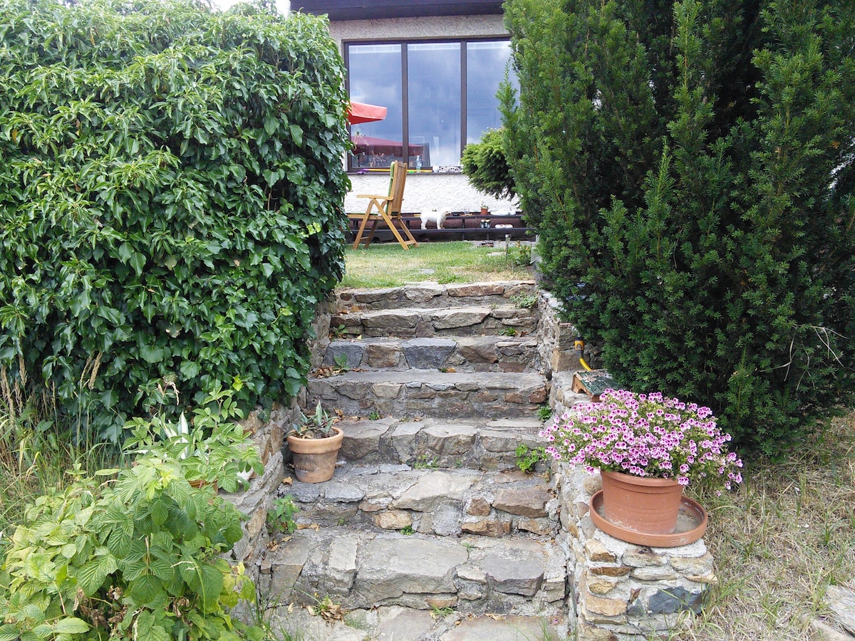 Stone steps lead upward through lush greenery, framed by a hedge and potted plants. A patio area is visible at the top, featuring seating under a stylish umbrella, with large windows reflecting the surroundings of a tranquil garden.