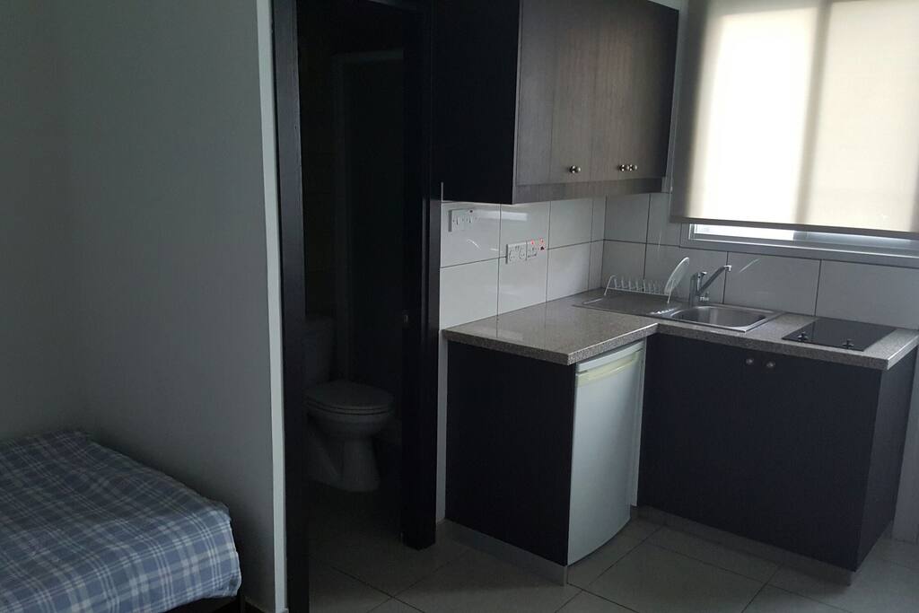 Kitchen ares, electric hob, sink & fridge.
